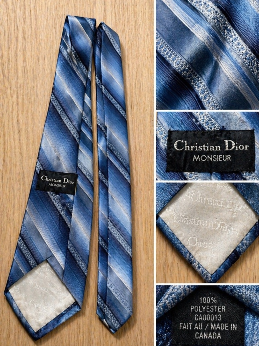 Christian Dior Monsieur Tie Blue Silver Striped Classic 90s Made in Canada